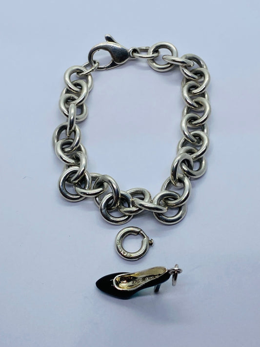 Tiffany & Co Silver Enamel Blue Black Enamel Heel Shoe Charm Pump Bracelet 7.5”