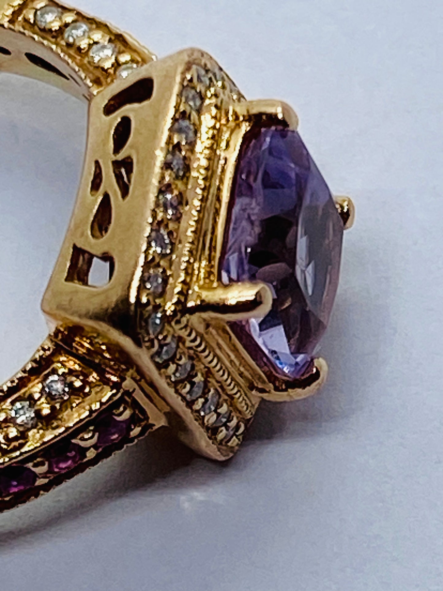 LeVian 14K Rose Gold Amethyst Pink Sapphire Diamond Halo Cocktail Ring READ!