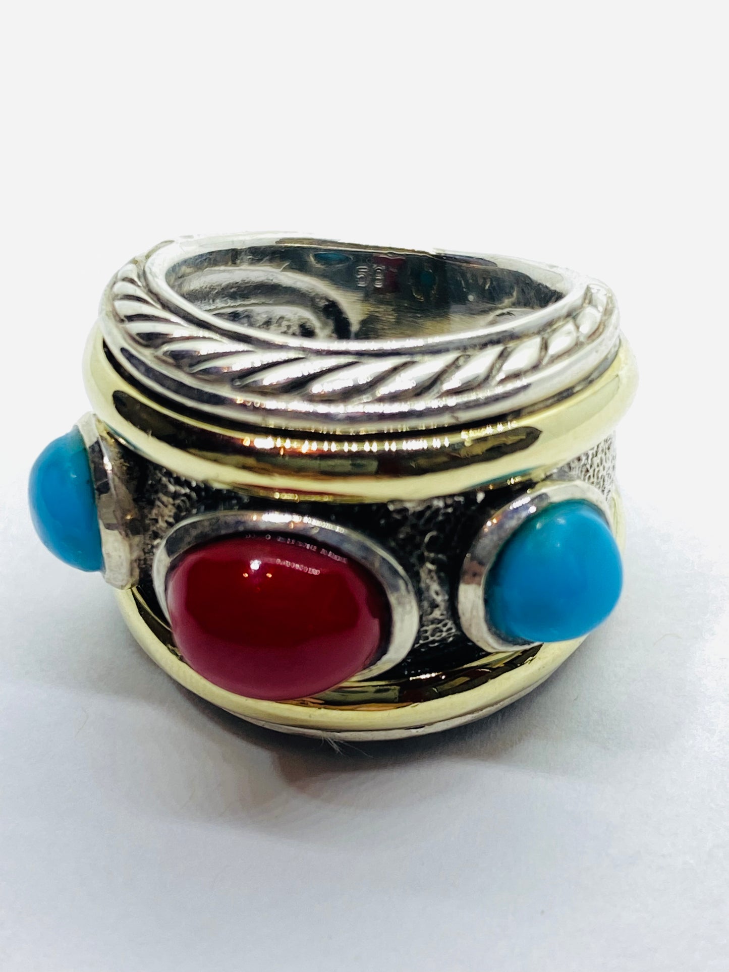 DAVID YURMAN 14K Gold Sterling Silver Turquoise Carnelian Renaissance Ring 5