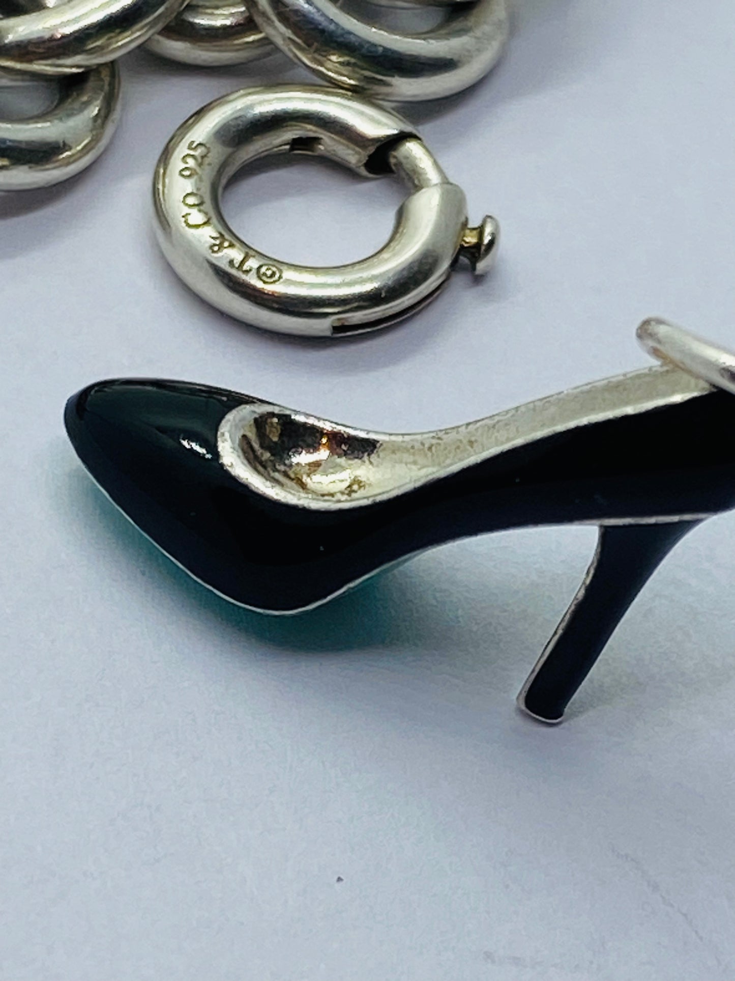 Tiffany & Co Silver Enamel Blue Black Enamel Heel Shoe Charm Pump Bracelet 7.5”