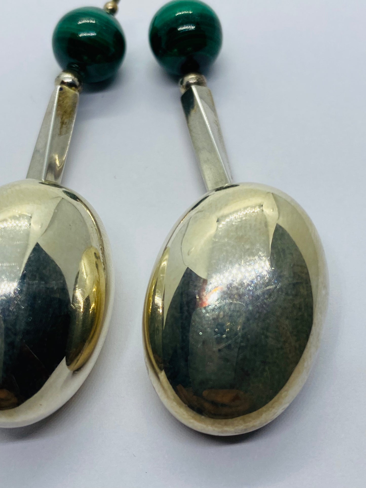 Tiffany & Co.  Sterling Silver Huge Malachite Drop Dangle Clip Earrings