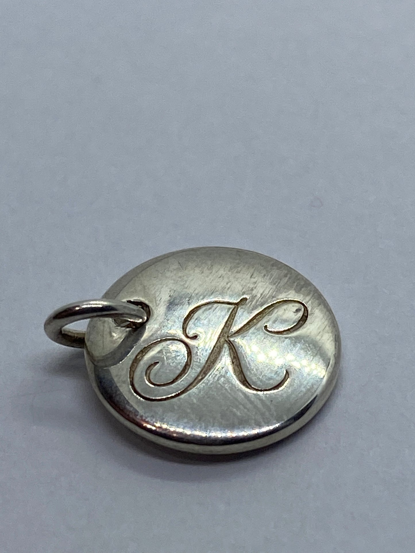 Tiffany Silver Letter K Alphabet Initial Round Circle Notes Charm Pendant