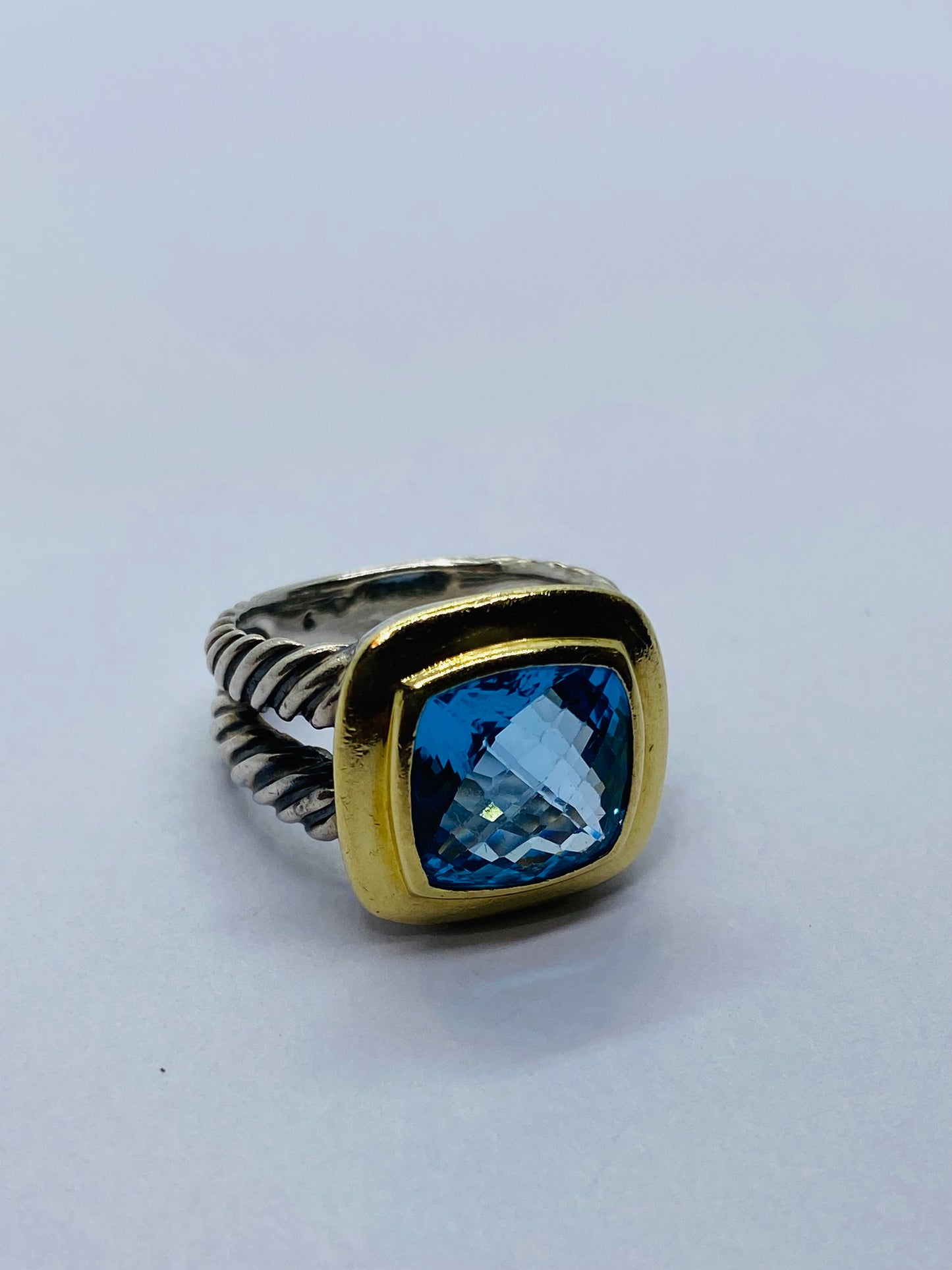David Yurman Split Shank Sterling Silver & 18K W 11mm Blue Topaz Ring Sz 6