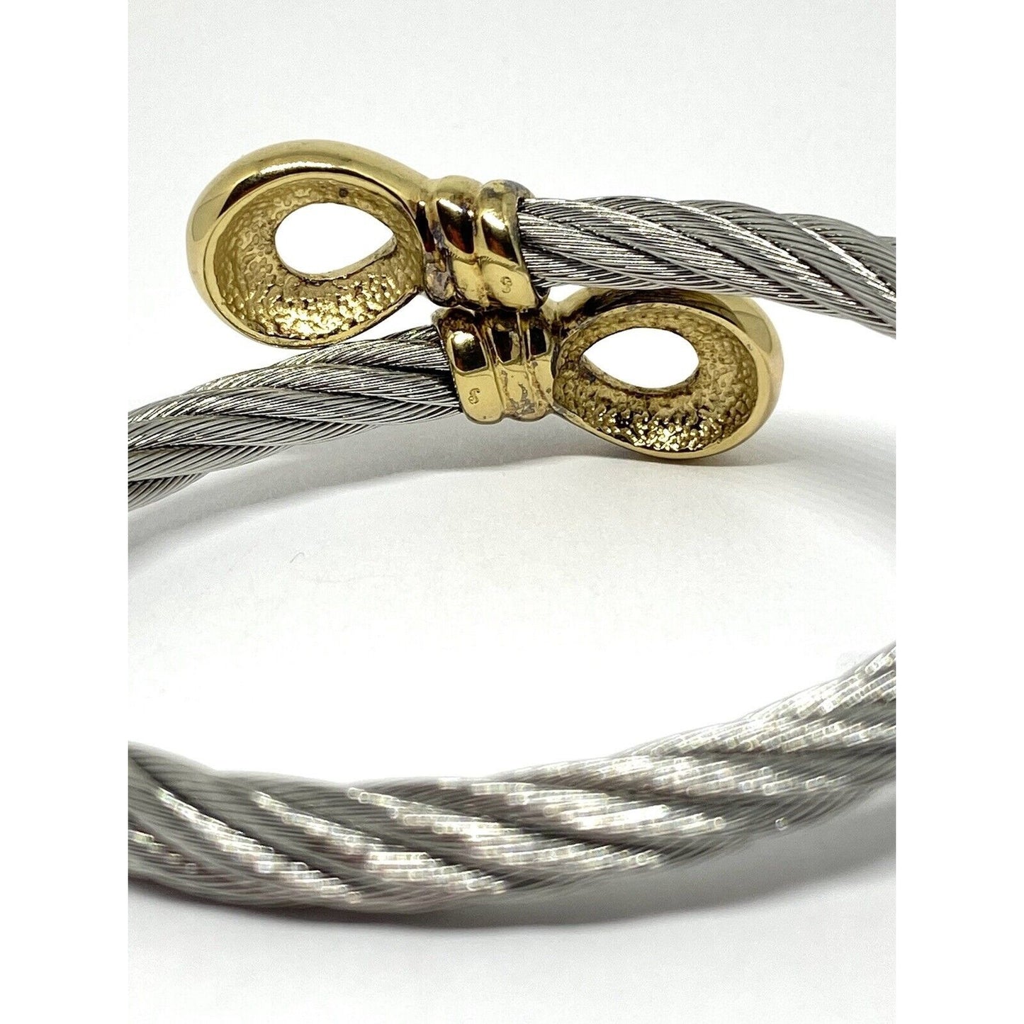 $950 Charriol 18K Yellow Gold Logo Cable Bypass Bangle Bracelet $950