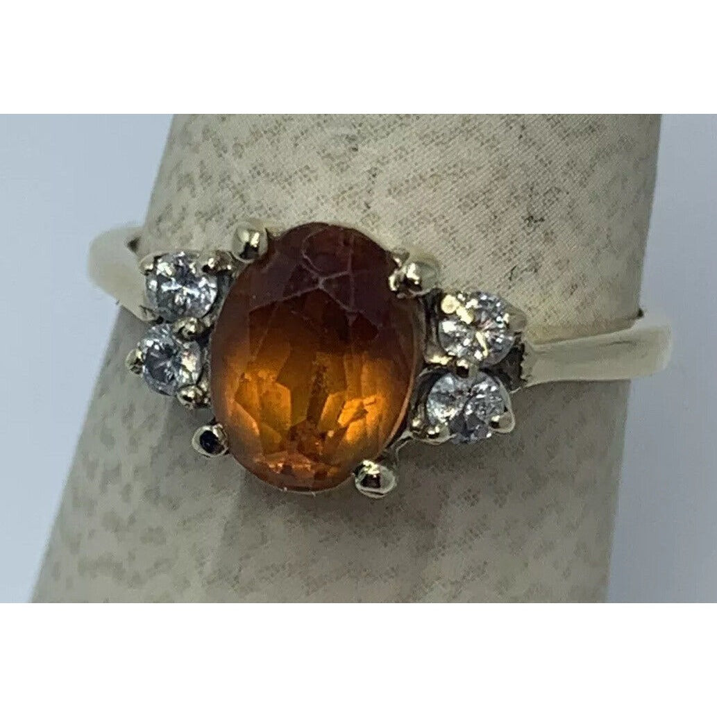 14K Yellow Gold Diamond & Orange Stone, Size 6.5 Hallmarked HP 14K