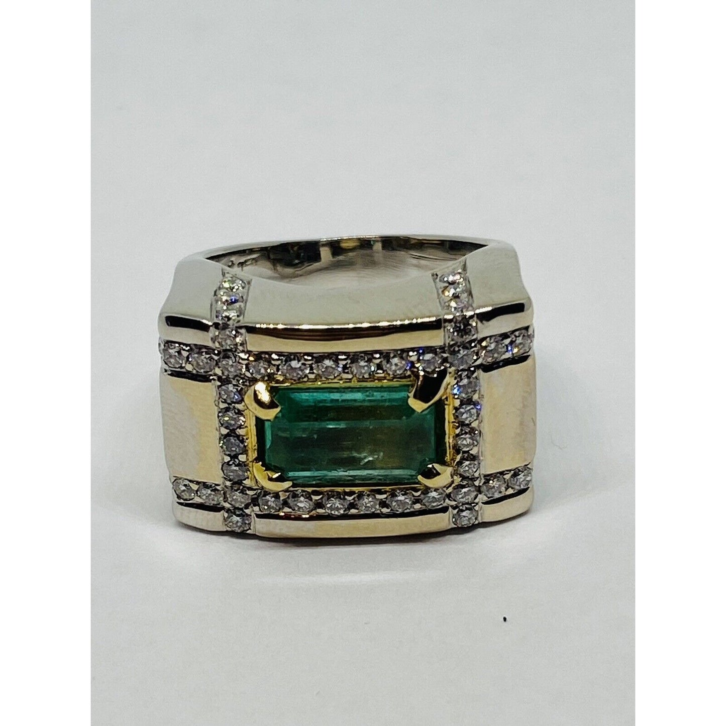 18K White Yellow Gold ASP SIGNED Emerald 3CT Diamond .90 Size 6.25 HEAVY