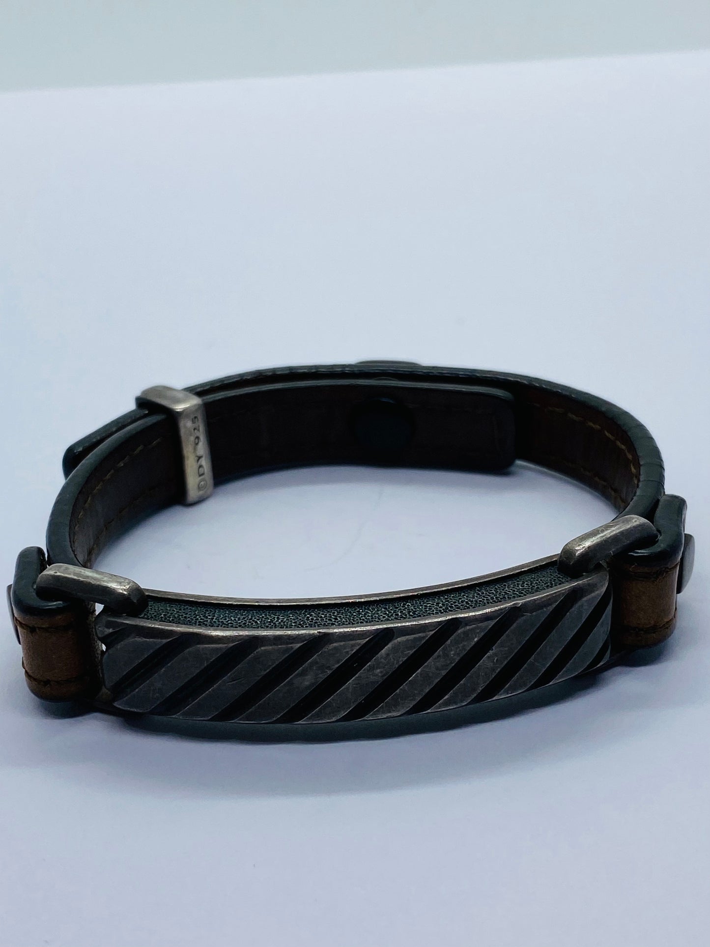 David Yurman Darkened Sterling Silver Modern Leather Striped ID Bracelet Brown