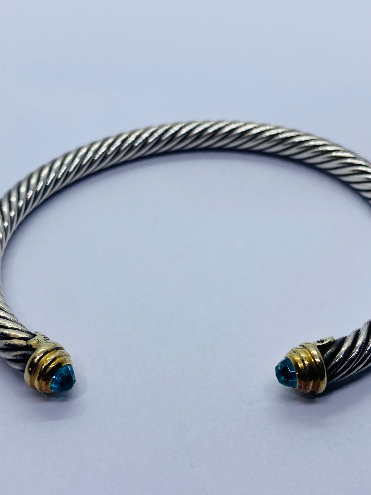 David Yurman Sterling Silver 14k Gold 5mm Cable Bangle Cuff Blue Topaz Bracelet