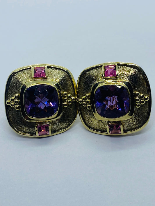 David Yurman 14k Yellow Gold Amethyst Pink Stone French Clip Earrings PIERCED