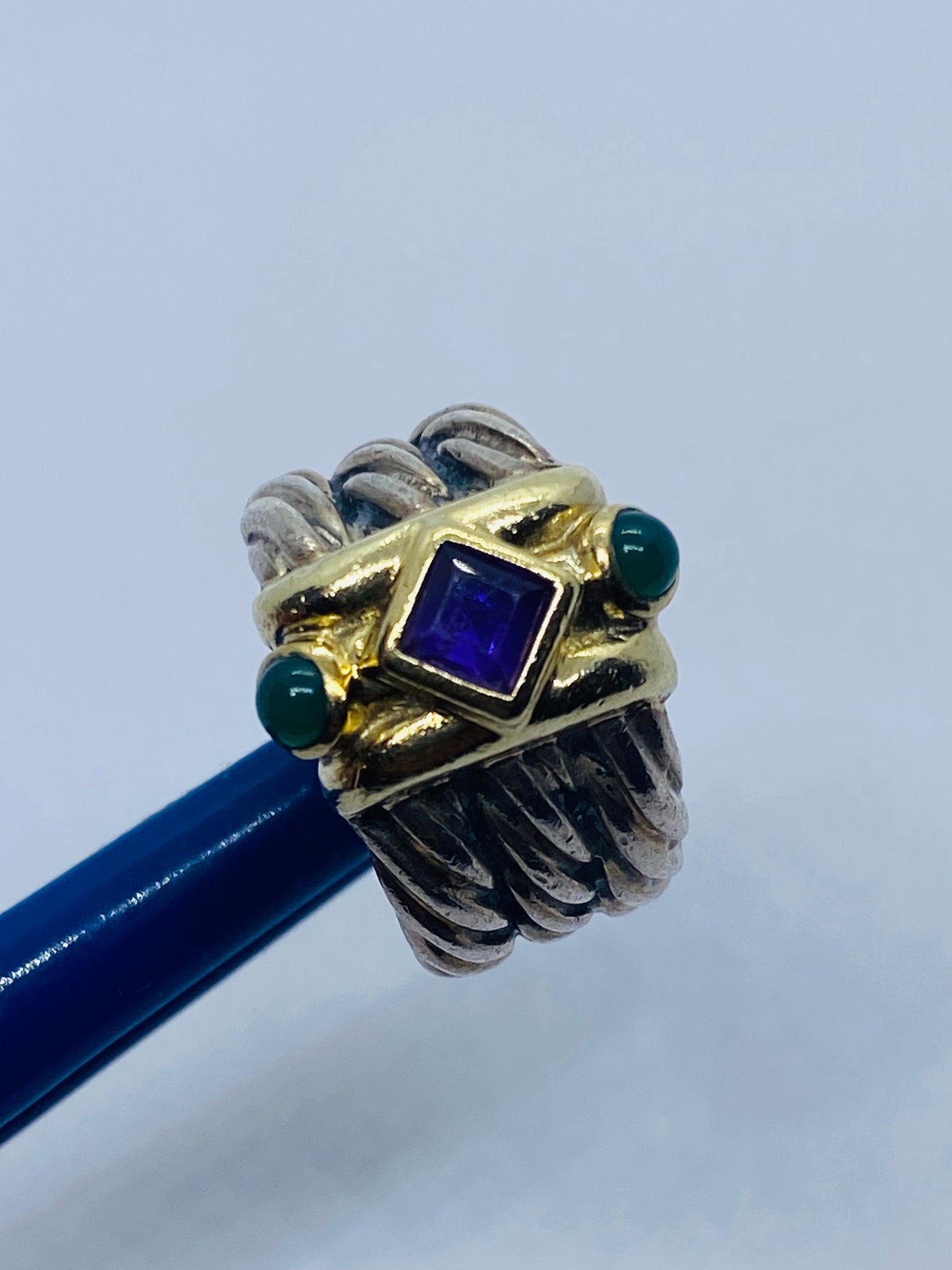 David Yurman Renaissance Ring Triple Cable Amethyst Green Onyx Size 4.25 14k 925