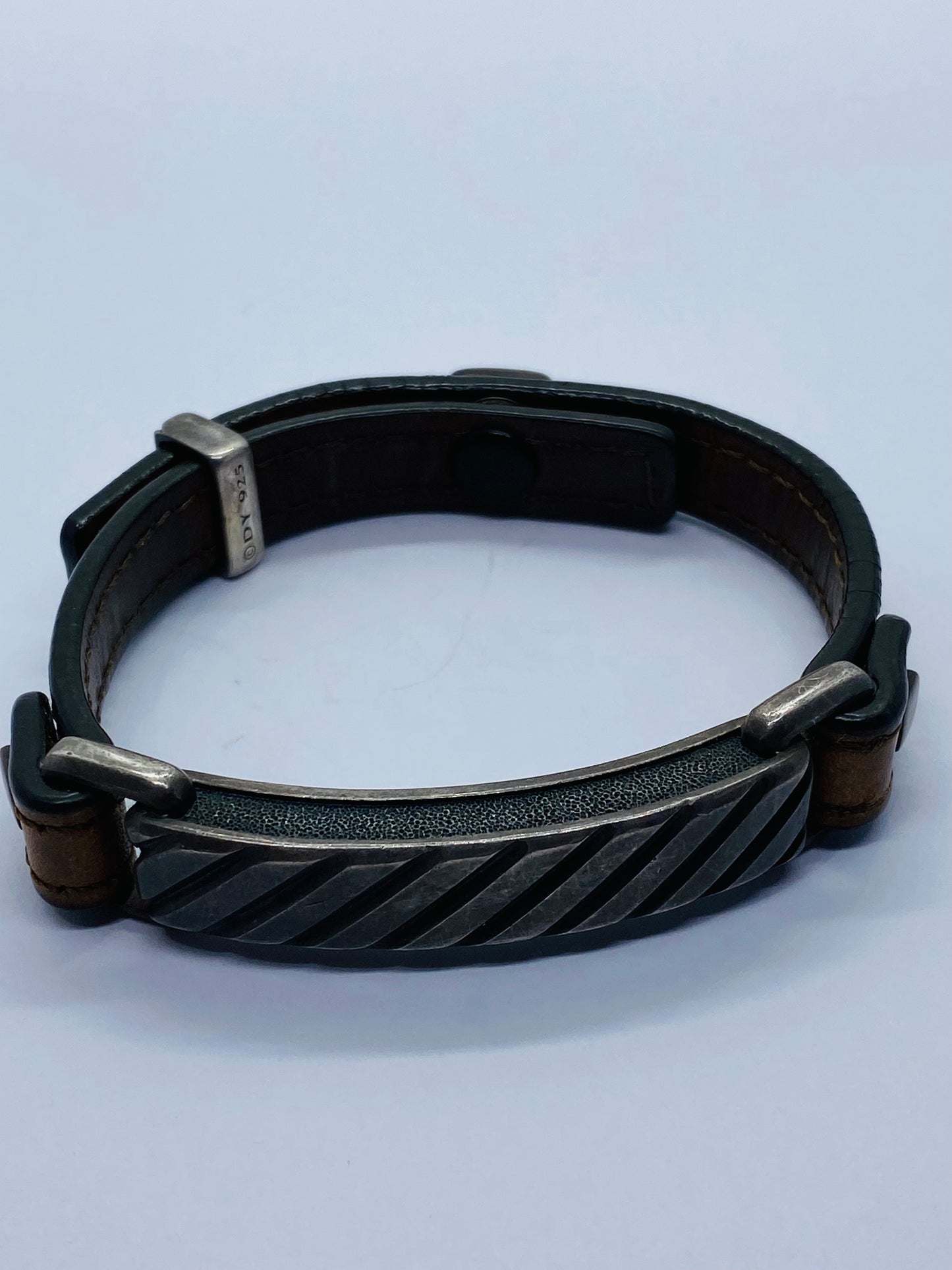 David Yurman Darkened Sterling Silver Modern Leather Striped ID Bracelet Brown