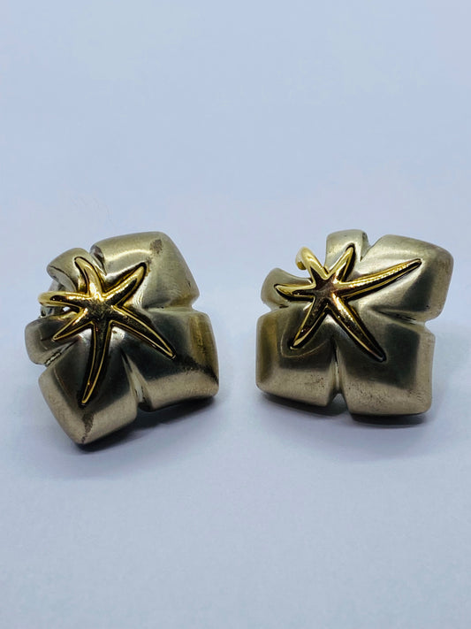 Tiffany & Co. 1991 Ivy Sterling 18k Yellow Gold Starfish Leaf Post Clip Earrings
