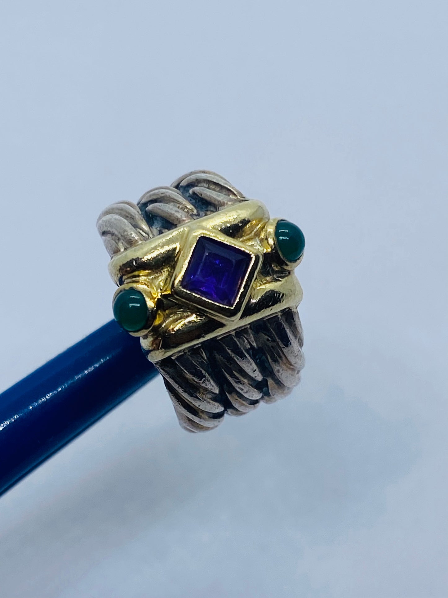 David Yurman Renaissance Ring Triple Cable Amethyst Green Onyx Size 4.25 14k 925