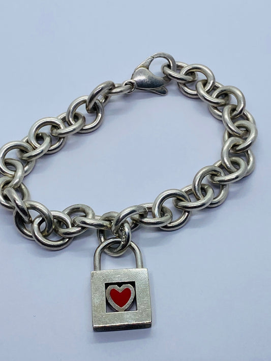 TIFFANY & CO. Bracelet 8” Red Heart Padlock Charm Sterling Silver W/Pouch