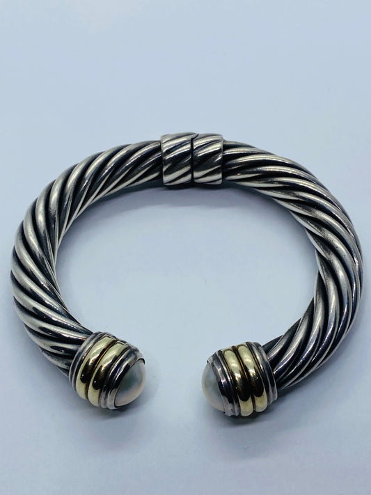 DAVID YURMAN STERLING SILVER 14K 10MM MABE PEARL HINGED CUFF BRACELET RARE 6.25”