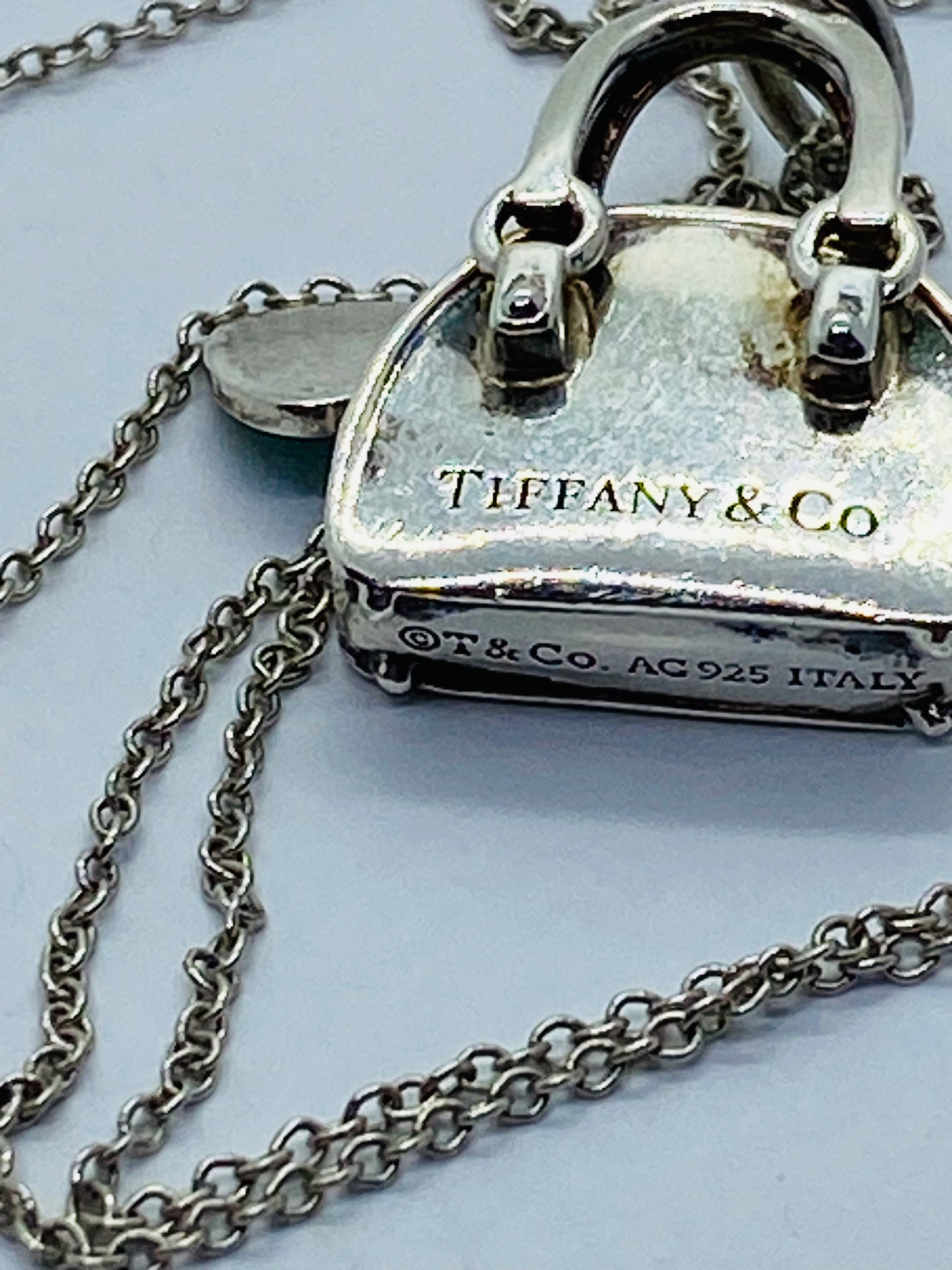 Tiffany & Co. Sterling Silver Handbag and Enamel Heart Italy  Pendant Necklace