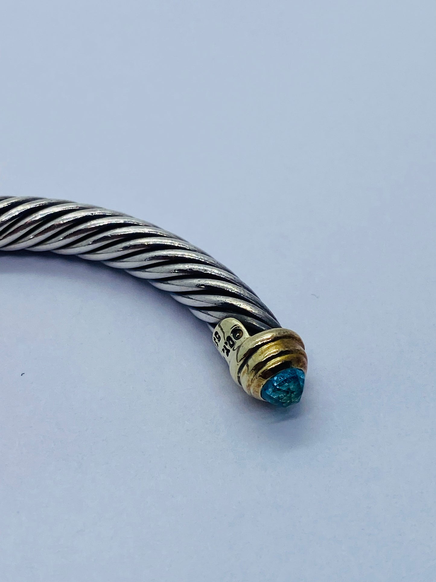David Yurman Sterling Silver 14k Gold 5mm Cable Bangle Cuff Blue Topaz Bracelet