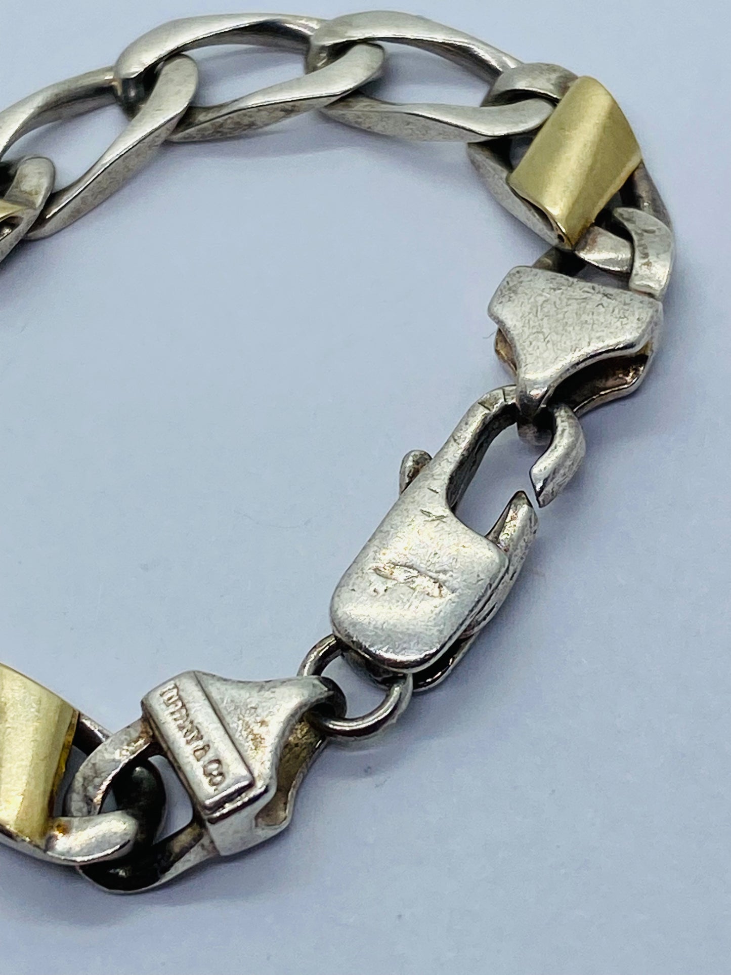 Tiffany & Co. Bracelet Sterling Silver 18k Gold Figaro Cuban Curb Link 7”