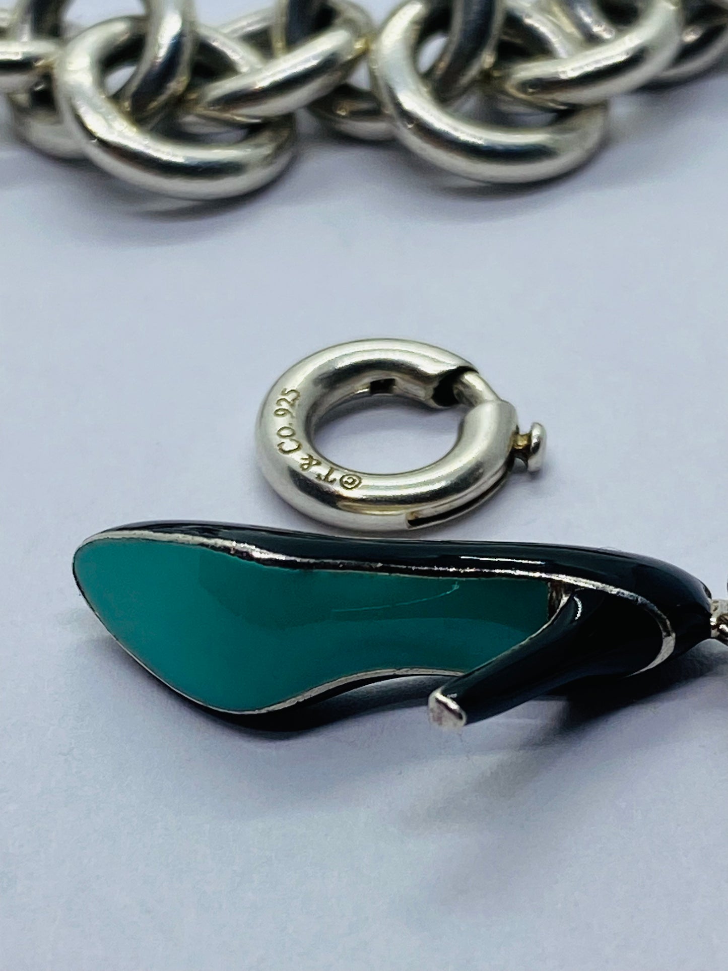 Tiffany & Co Silver Enamel Blue Black Enamel Heel Shoe Charm Pump Bracelet 7.5”