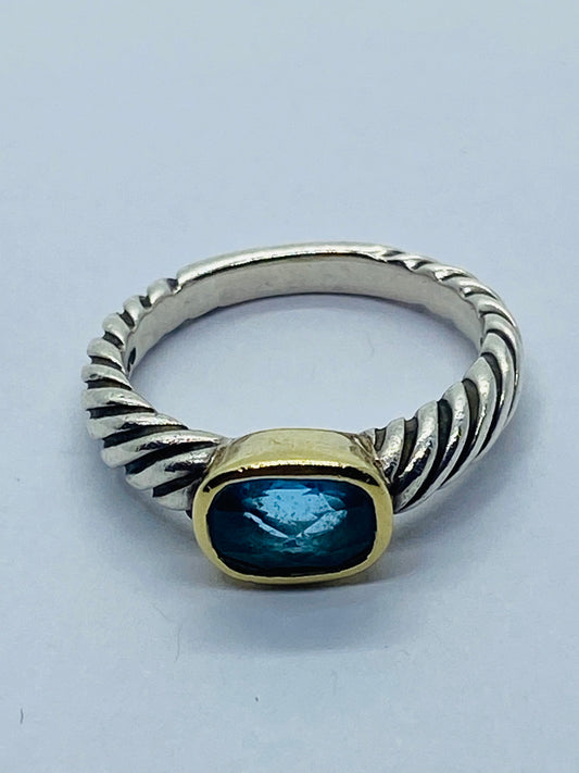 David Yurman BLUE TOPAZ Noblesse Ring, 925 Sterling Silver, 18K 750 Gold, 6.75