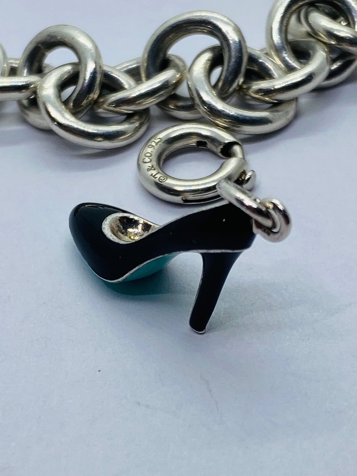 Tiffany & Co Silver Enamel Blue Black Enamel Heel Shoe Charm Pump Bracelet 7.5”