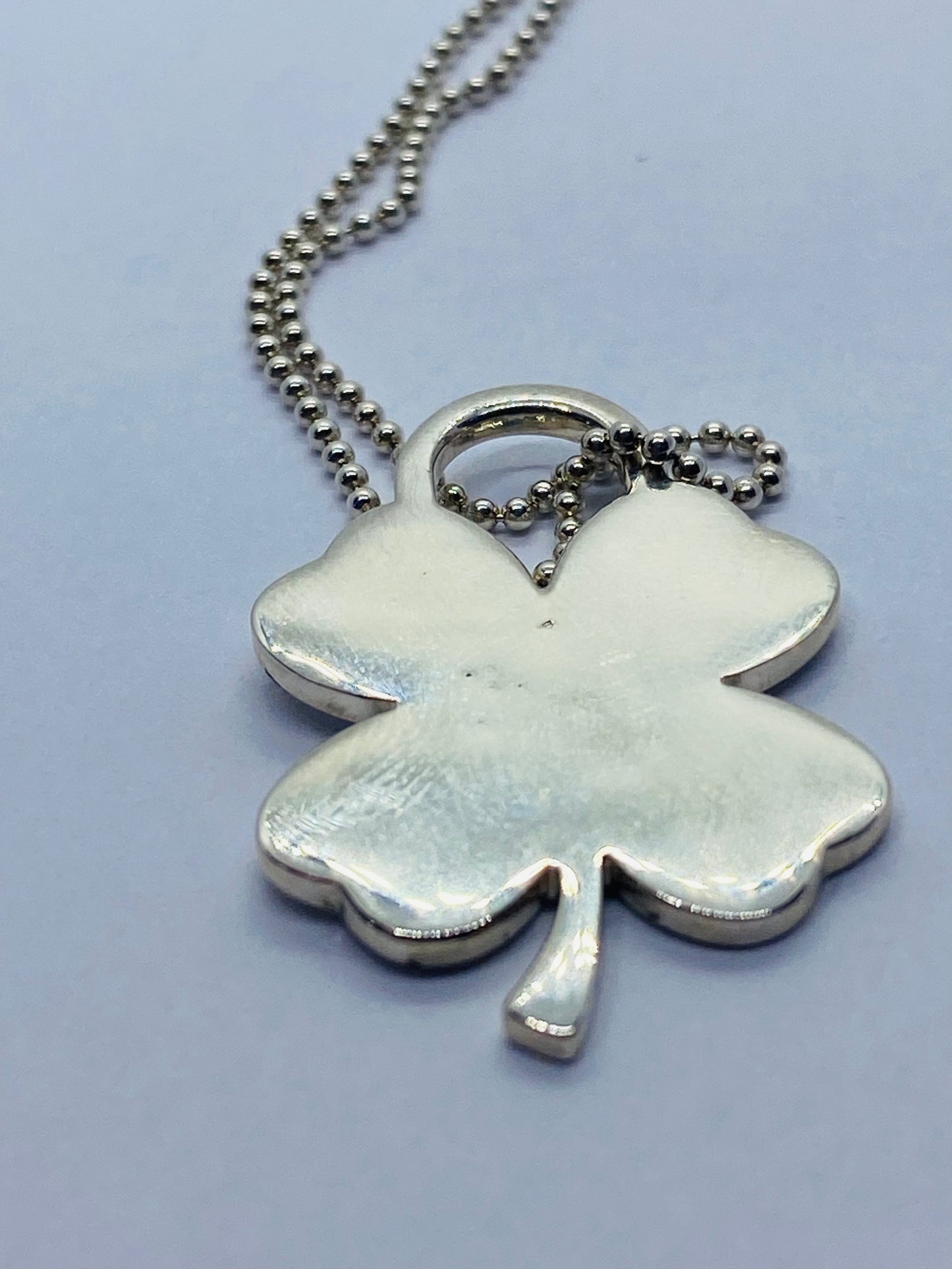 Tiffany & Co Silver Luck Shamrock Irish 4 Leaf Clover Charm Pendant Necklace 16”