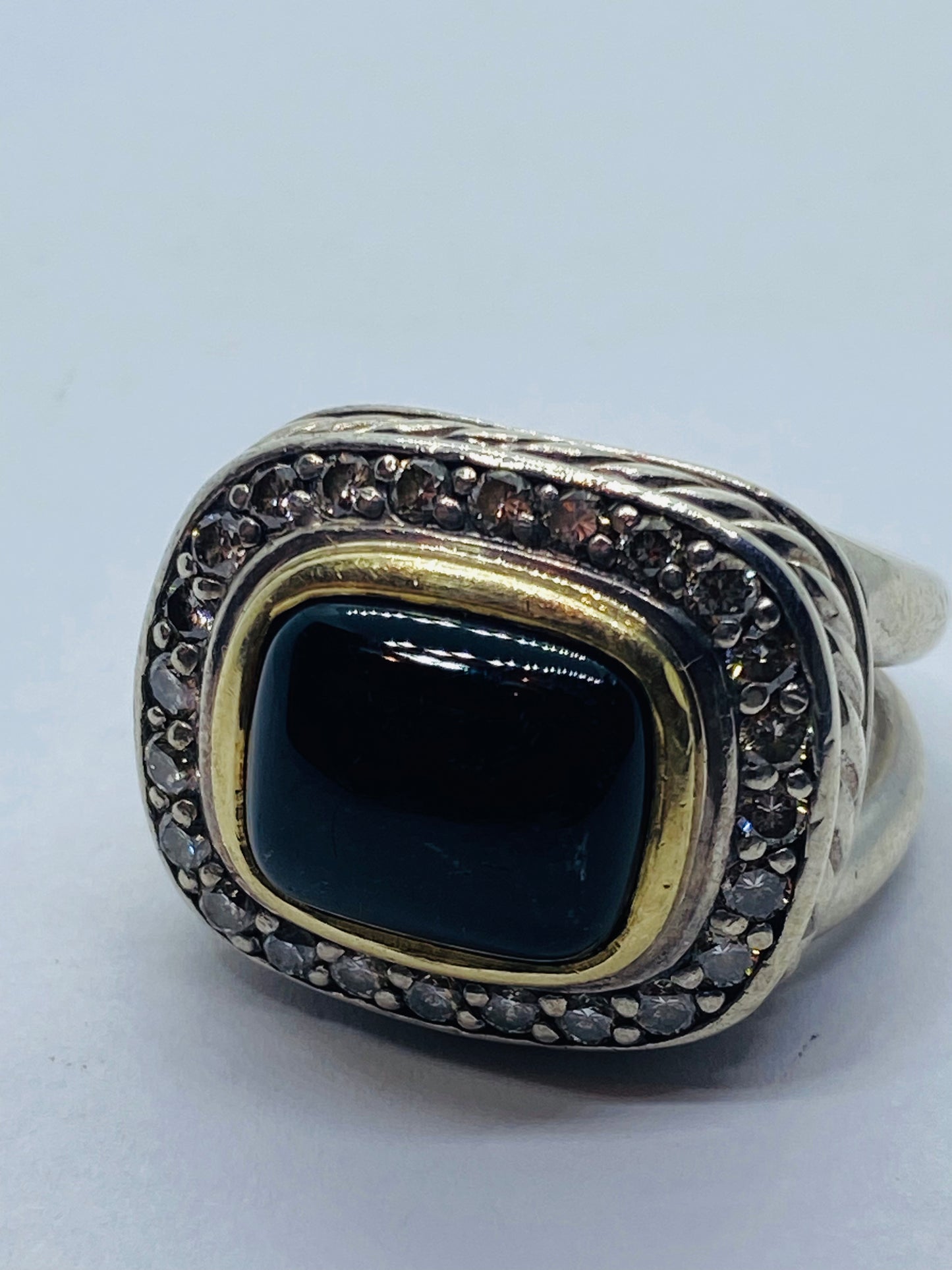 David Yurman Albion Diamond 1.25CT Onyx 18k Gold 925 Silver Ring Size 6.5 RARE