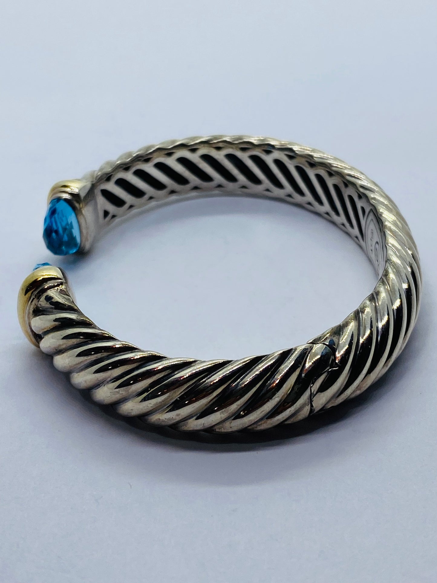 David Yurman 10.5mm Silver & 18k Gold Waverly Cable Cuff Bracelet Blue Topaz