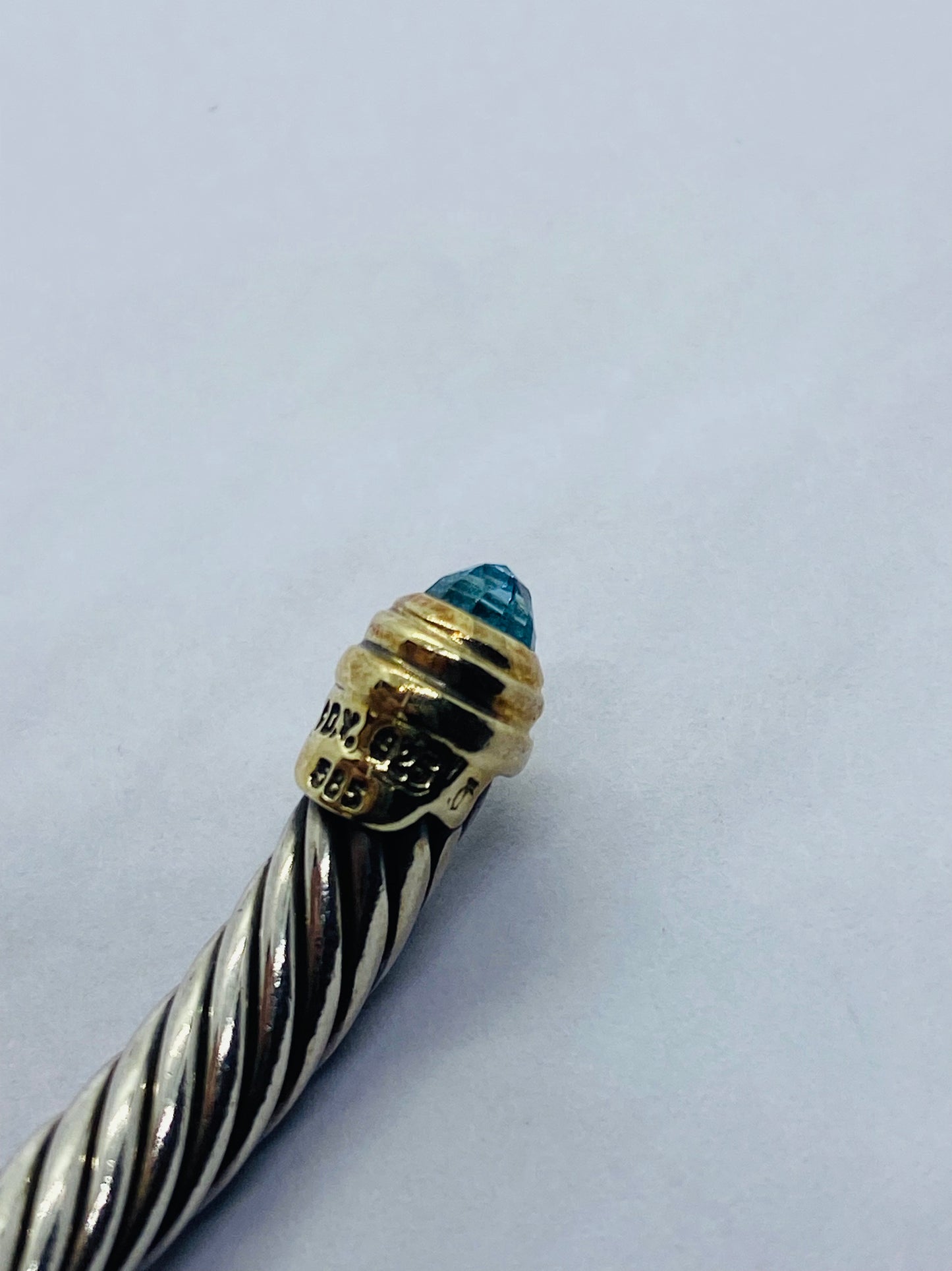 David Yurman Sterling Silver 14k Gold 5mm Cable Bangle Cuff Blue Topaz Bracelet