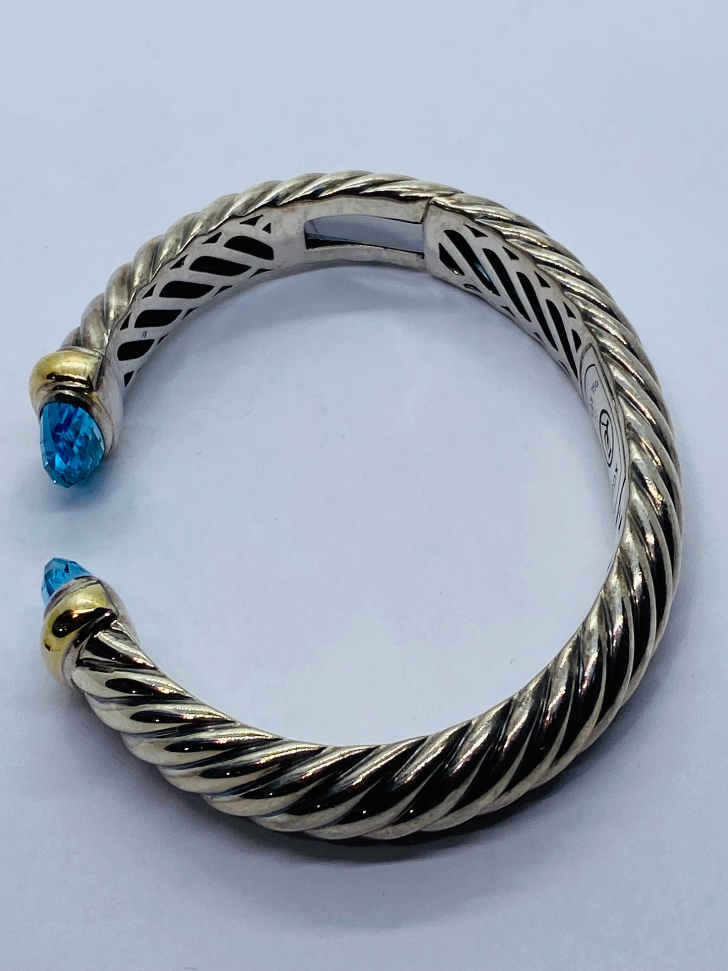 David Yurman 10.5mm Silver & 18k Gold Waverly Cable Cuff Bracelet Blue Topaz