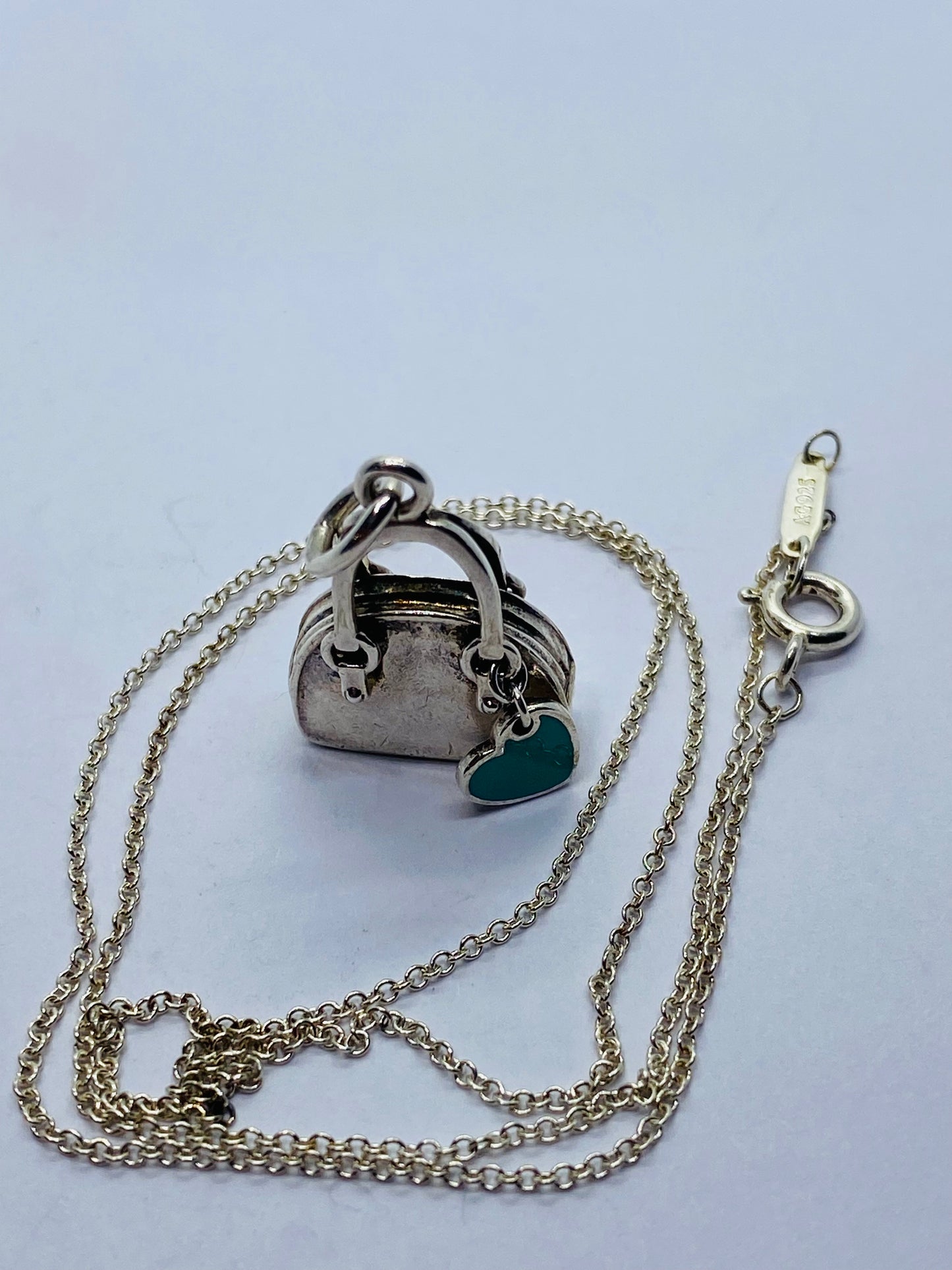 Tiffany & Co. Sterling Silver Handbag and Enamel Heart Italy  Pendant Necklace