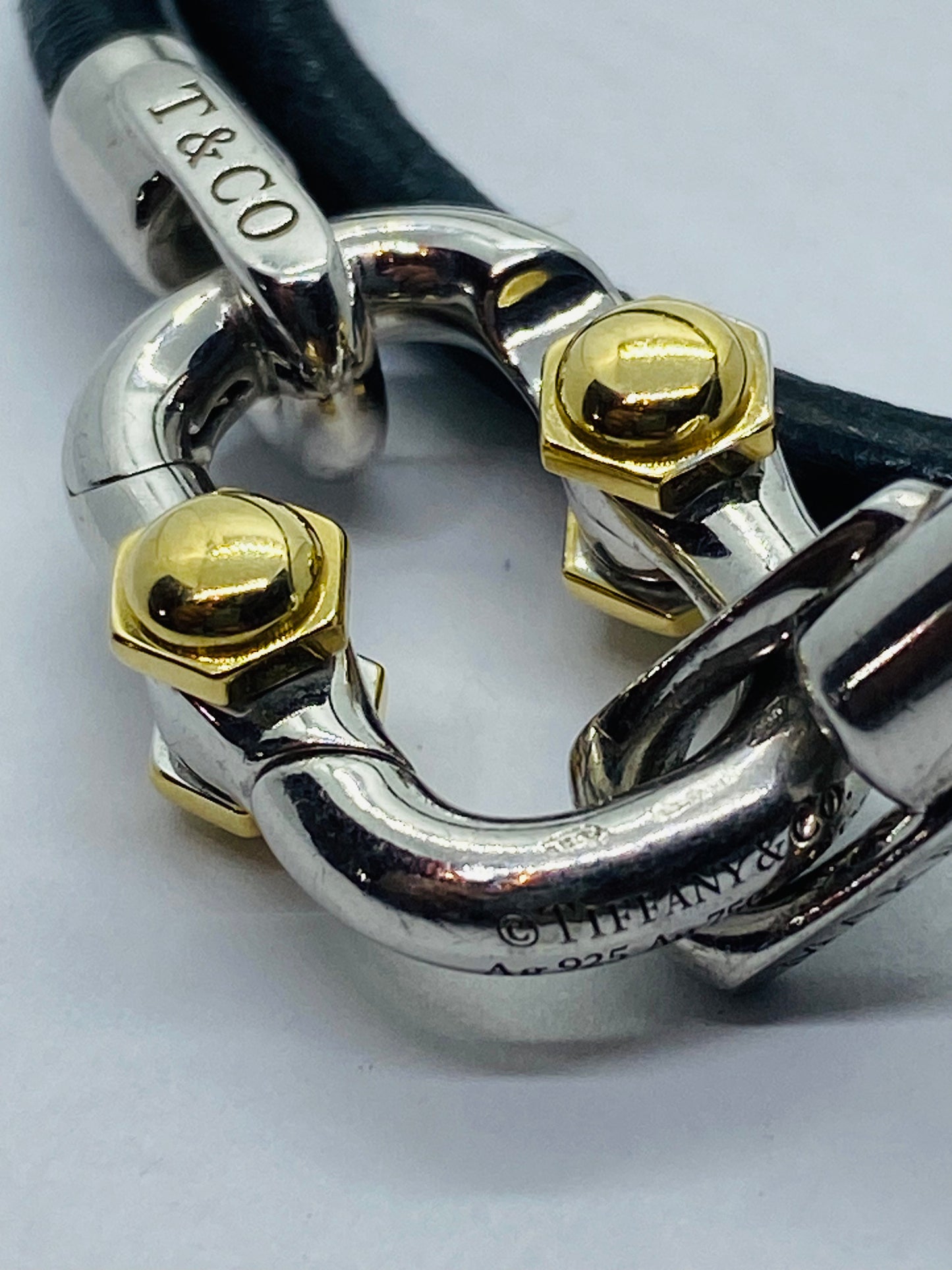 Tiffany & co. 1837 Makers Black leather cord Sterling and 18k Bracelet 14.25”