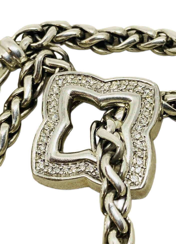 $1850 DAVID YURMAN SS DIAMOND QUATREFOIL WHEAT CHAIN NECKLACE ADJUSTABLE