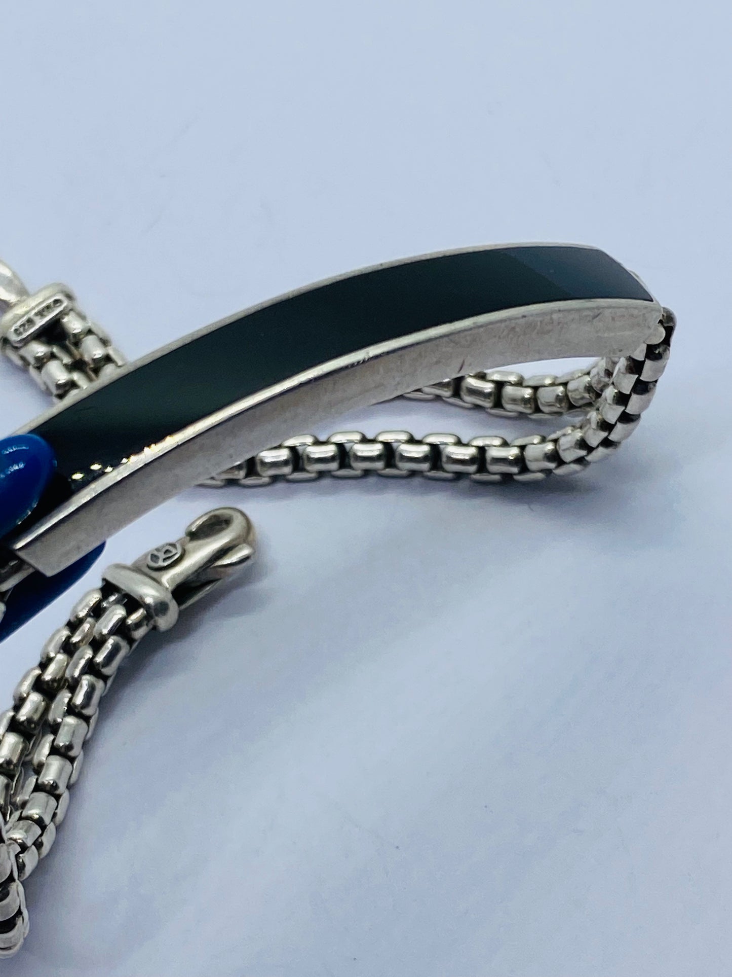 David Yurman Sterling Silver & Onyx ID Bracelet Double Box Chain Link 8.5”