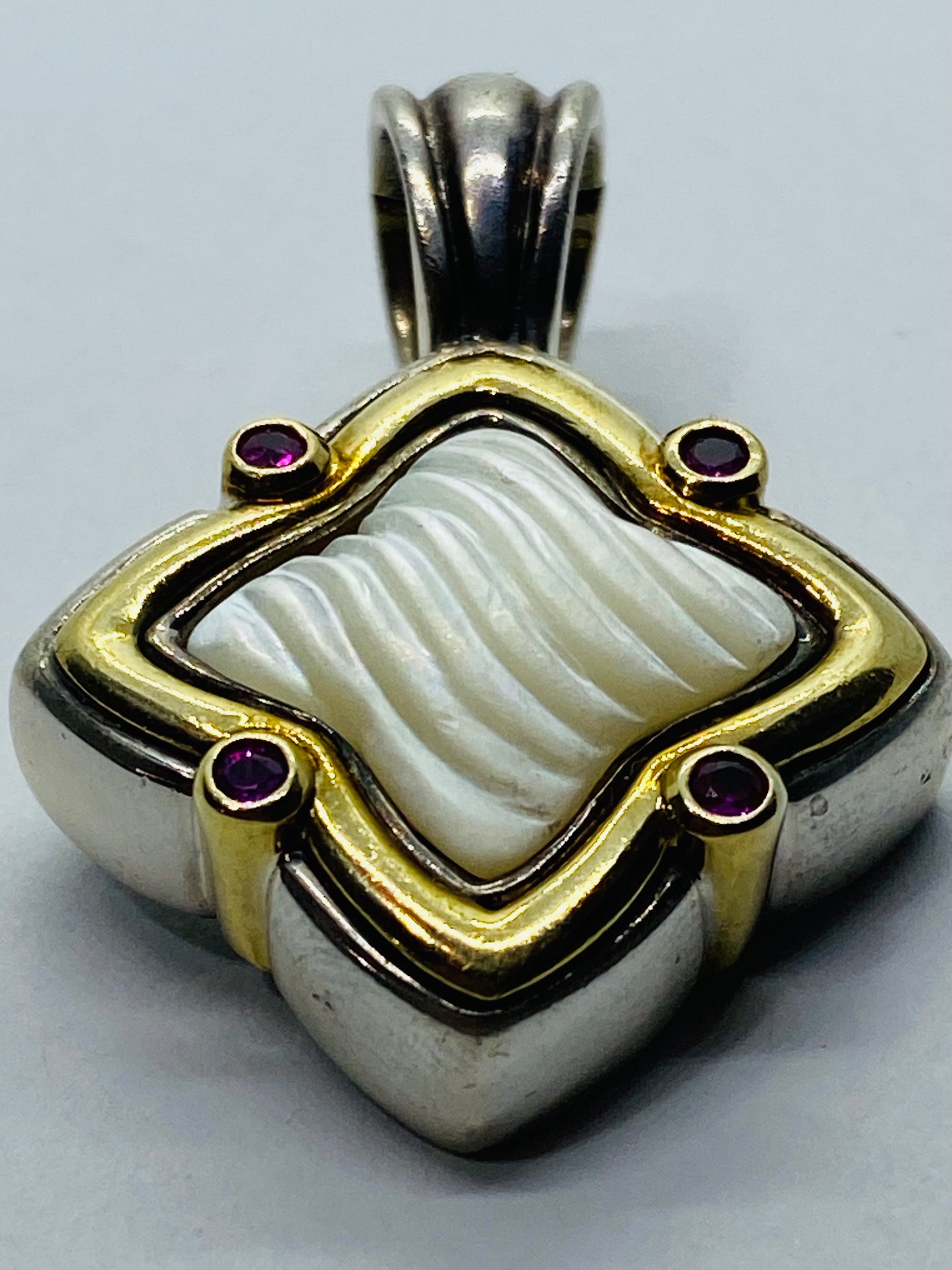David Yurman SS & 18K Large 27MM Carved Mother of Pearl Quatrefoil  Pendant