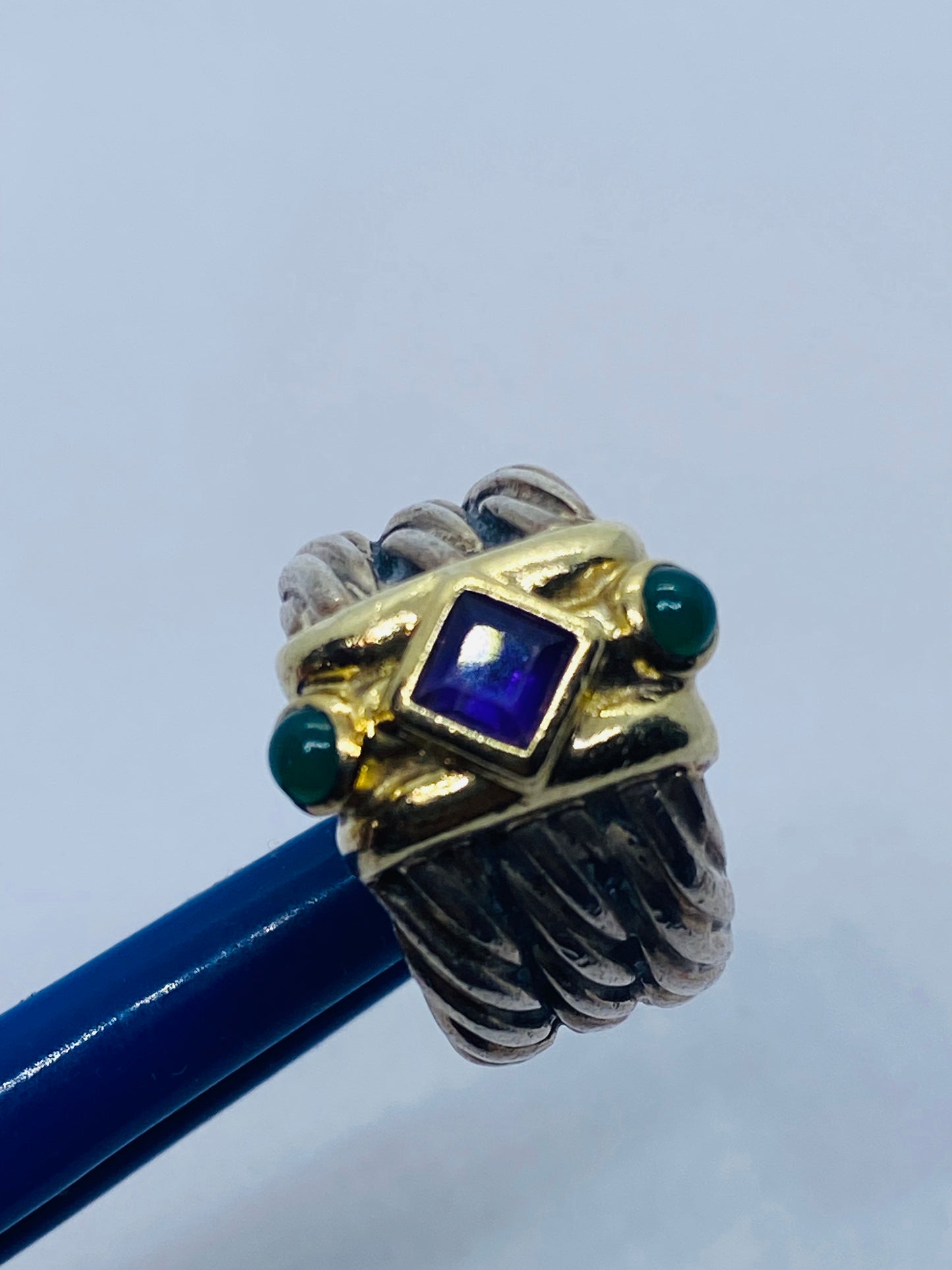 David Yurman Renaissance Ring Triple Cable Amethyst Green Onyx Size 4.25 14k 925