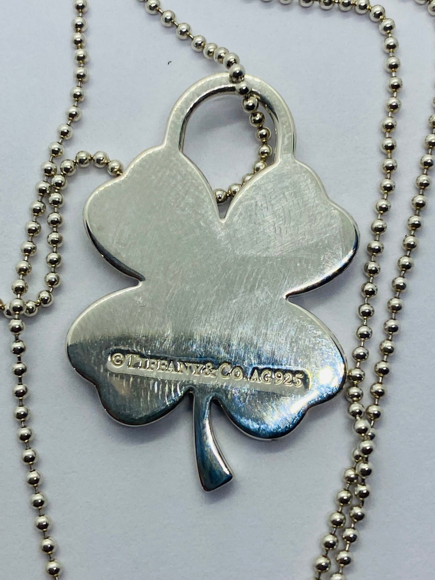 Tiffany & Co Silver Luck Shamrock Irish 4 Leaf Clover Charm Pendant Necklace 16”