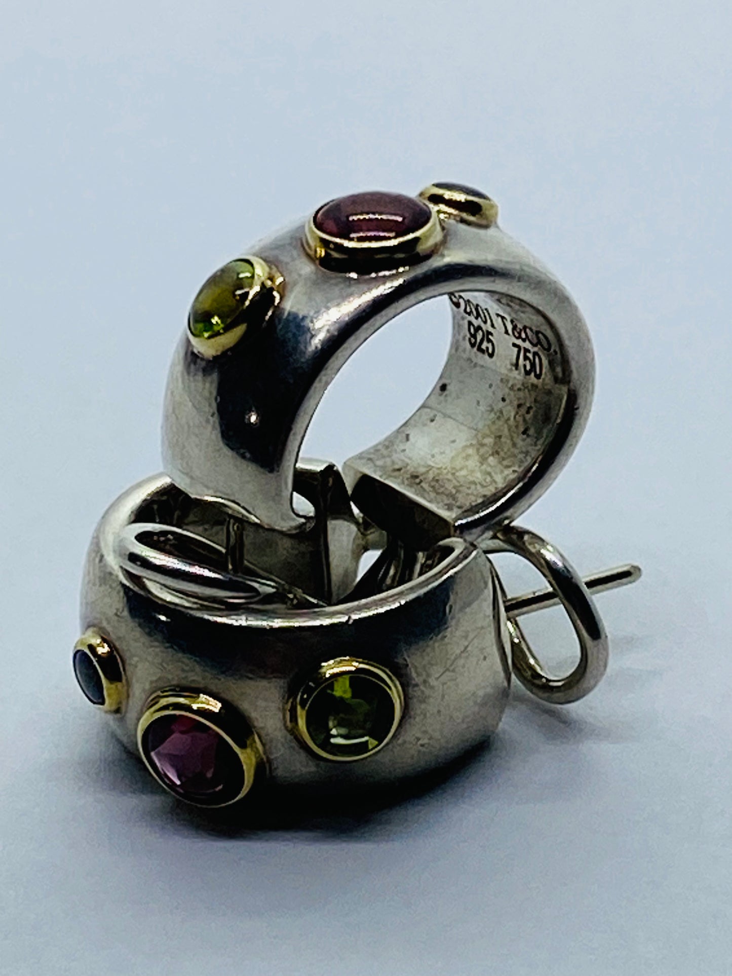 Tiffany & Co RARE Silver 18K Gold Etoile Gemstone Sapphire Peridot Hoop Earrings
