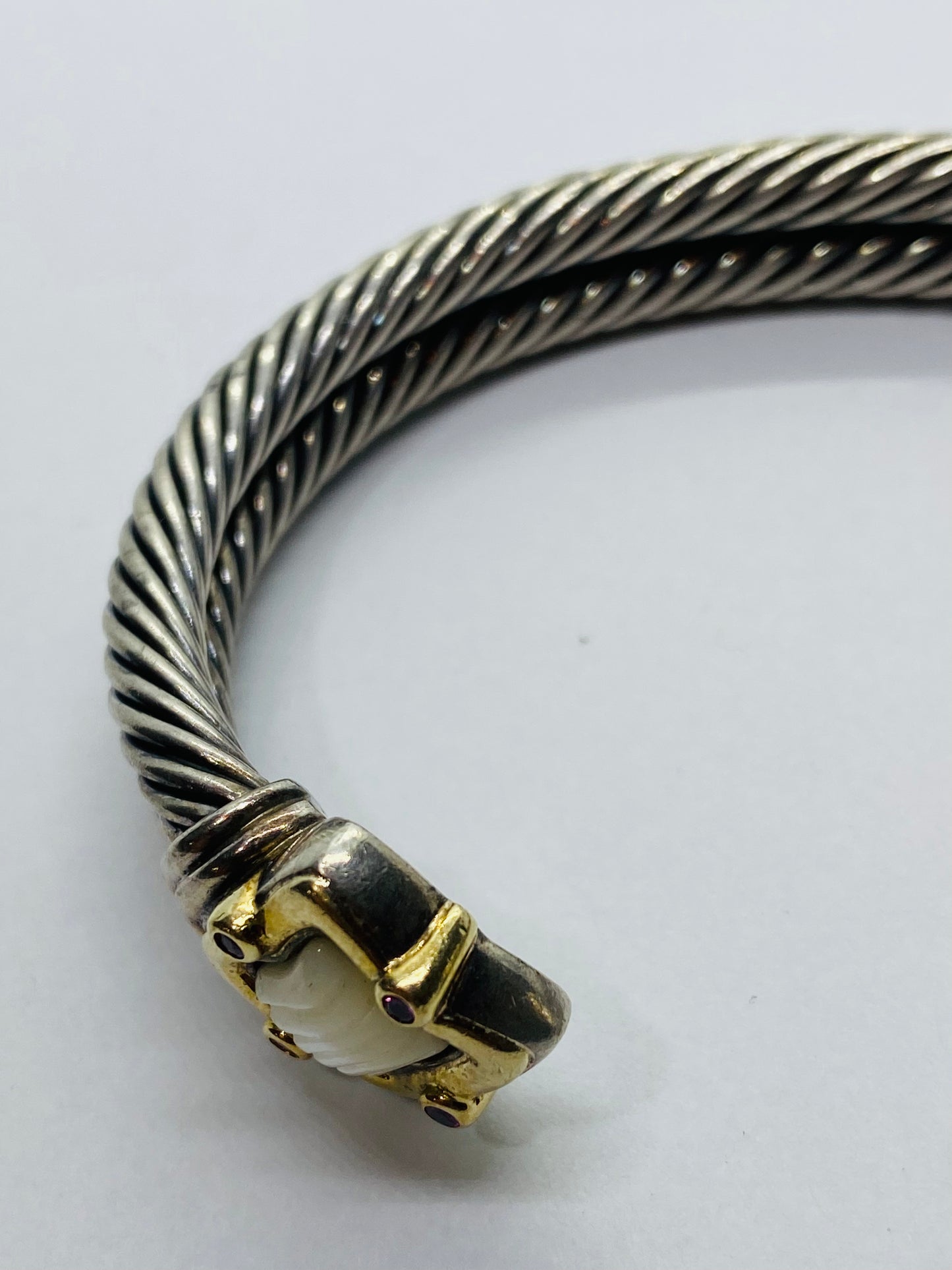 David Yurman Double Cable Sterling 18K Quatrefoil Carved Mother Pearl Bracelet