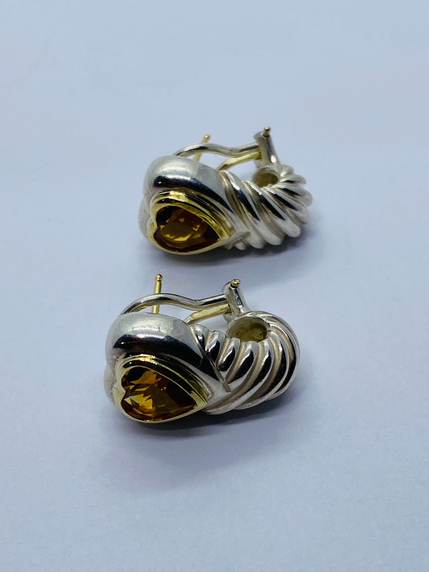 David Yurman Heart Citrine Shrimp Sterling Silver 14K Gold French Clip Earrings