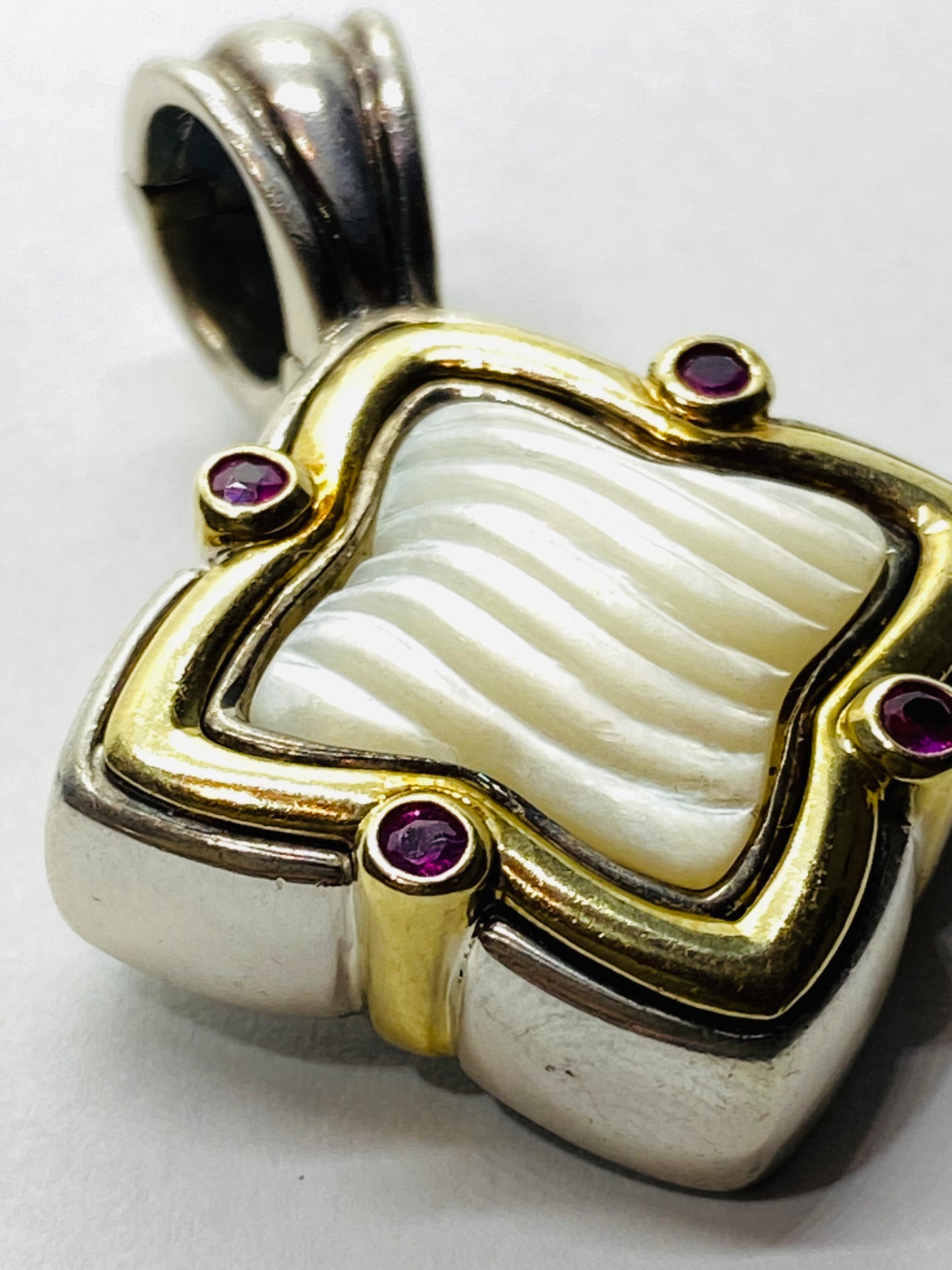David Yurman SS & 18K Large 27MM Carved Mother of Pearl Quatrefoil  Pendant