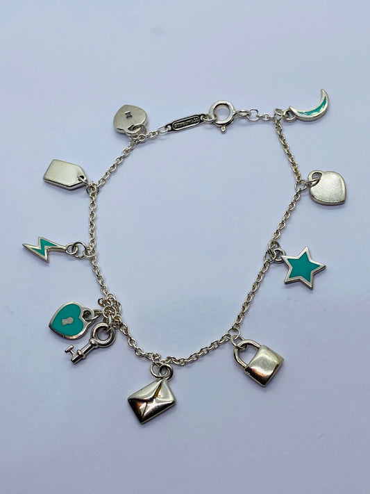 Tiffany & Co Sterling Silver  Blue Enamel Mini Charm Bracelet