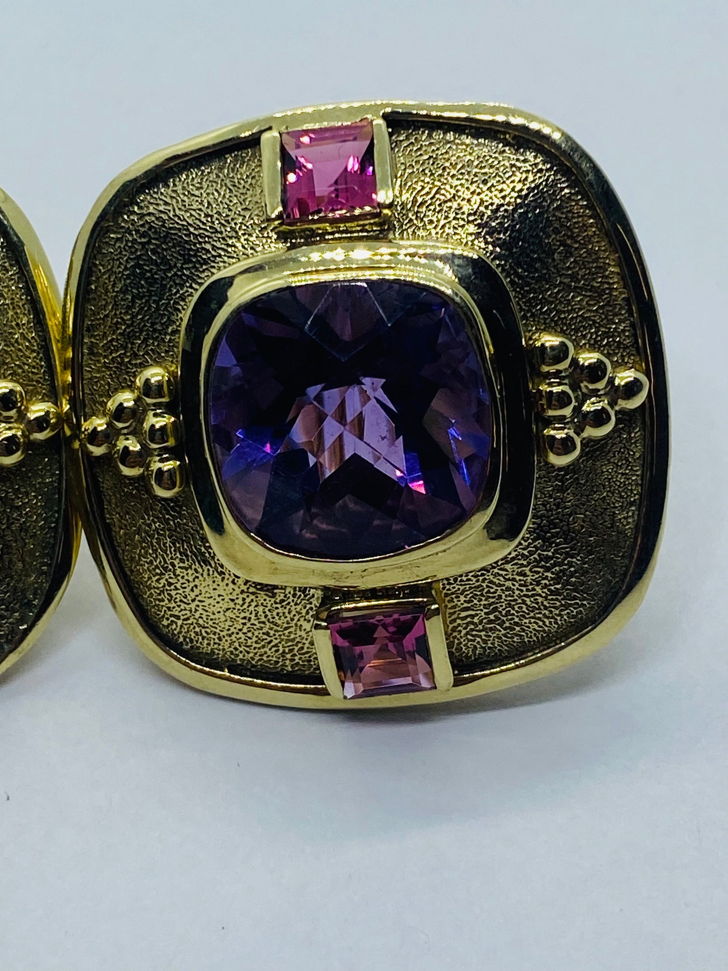 David Yurman 14k Yellow Gold Amethyst Pink Stone French Clip Earrings PIERCED