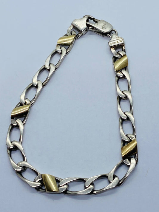 Tiffany & Co. Bracelet Sterling Silver 18k Gold Figaro Cuban Curb Link 7”