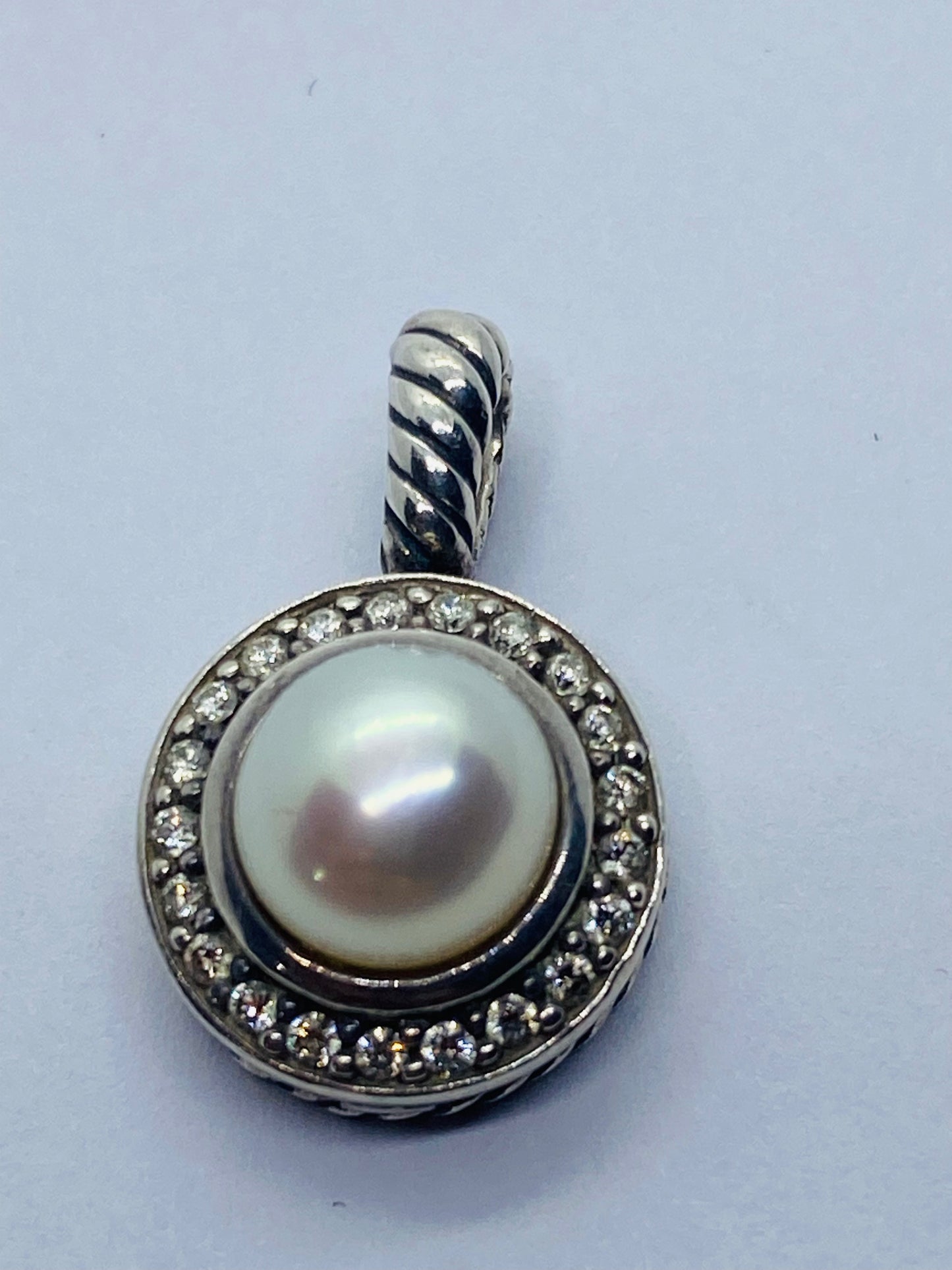 DAVID YURMAN STERLING SILVER CERISE PEARL DIAMOND HALO PENDANT 8MM Pearl