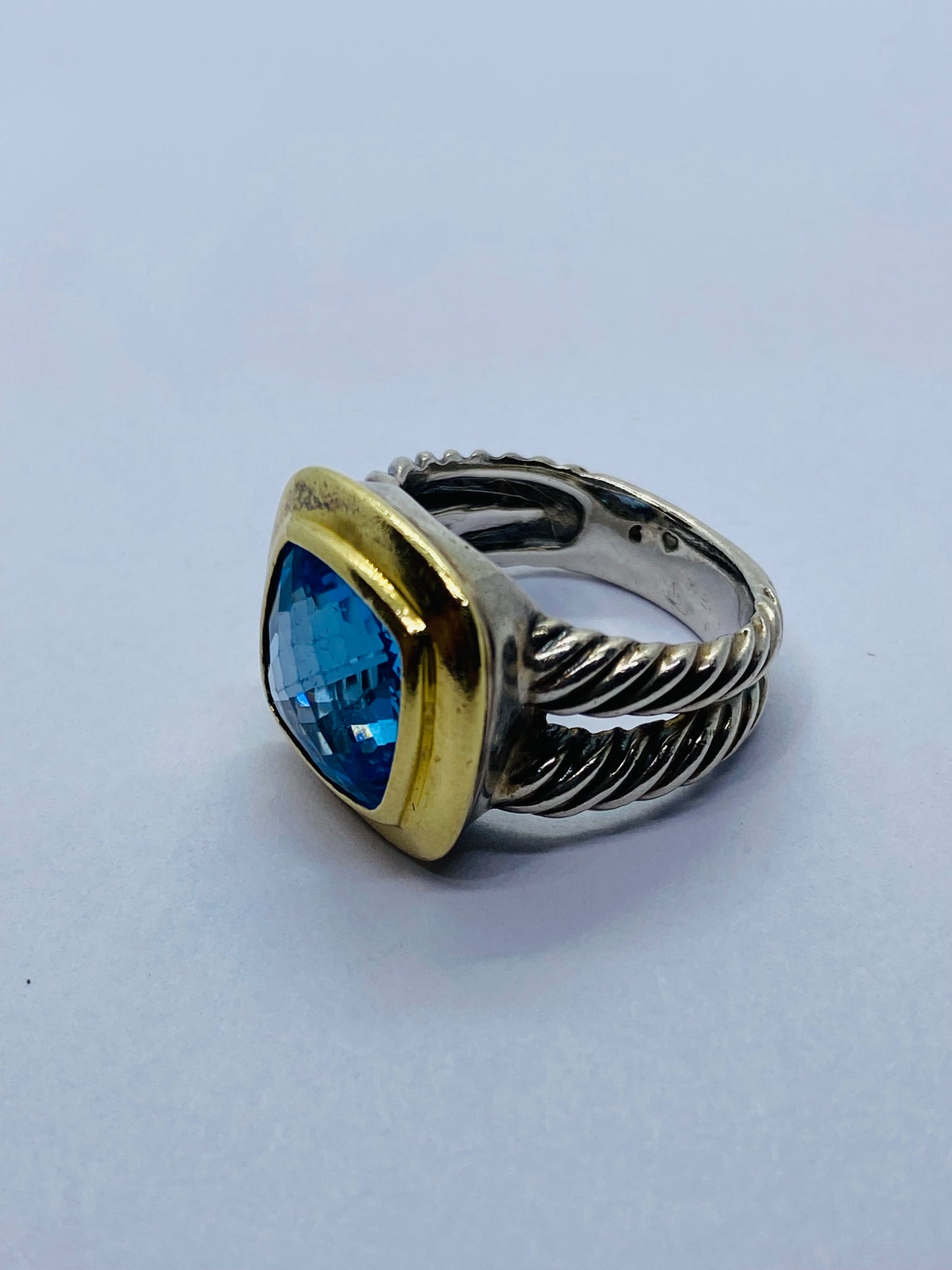 David Yurman Split Shank Sterling Silver & 18K W 11mm Blue Topaz Ring Sz 6