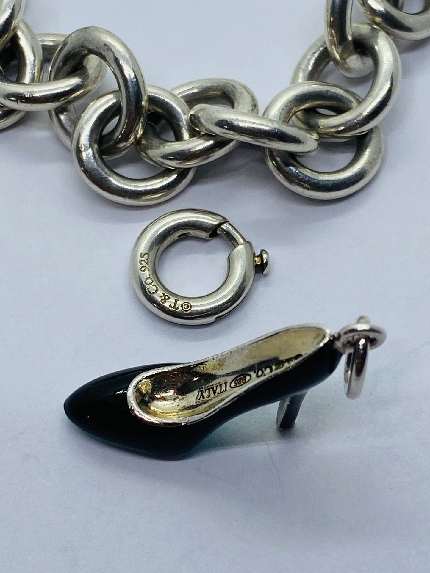 Tiffany & Co Silver Enamel Blue Black Enamel Heel Shoe Charm Pump Bracelet 7.5”