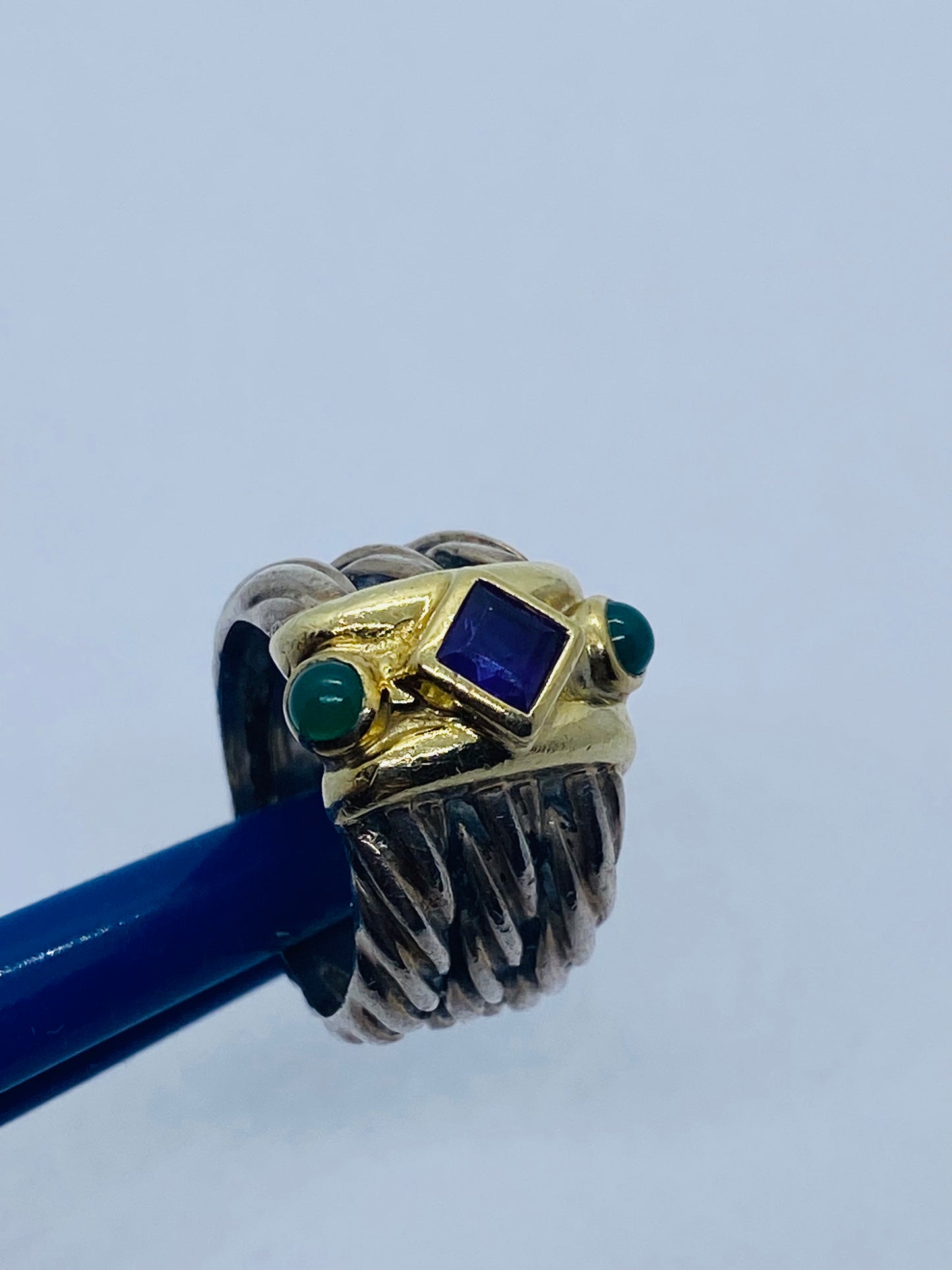 David Yurman Renaissance Ring Triple Cable Amethyst Green Onyx Size 4.25 14k 925