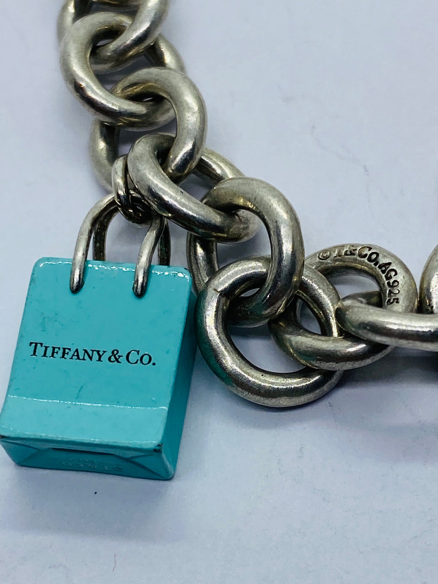 Tiffany & Co Rolo Link  Bracelet 8” W Blue Enamel Shopping Bag  T & Co 925 Pouch
