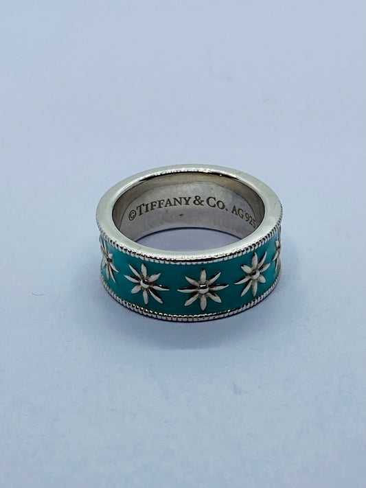 Tiffany & Co Silver MINT NEW RARE Blue Enamel Daisy Ring Size 4!